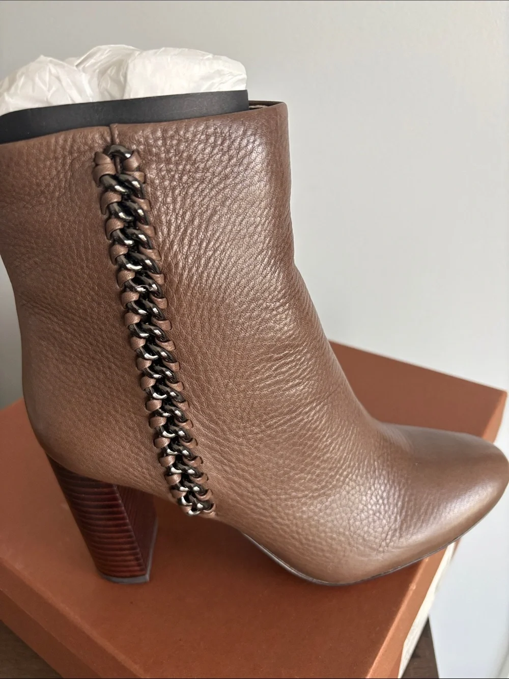 Coach Brown Leather Chain-Trim Block Heel Ankle Boots